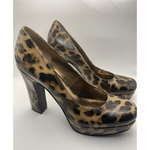 Nine West Women's Leopard Print Platform Pumps Size 8.5M Chunky High Heel